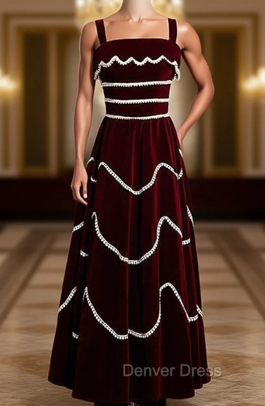 Burgundy Velvet Lace Straps Pearls Prom Dresses