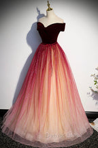 Burgundy Velvet Long A Line Prom Dress, Off the Shoulder Prom Dresses