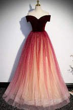 Burgundy Velvet Long A Line Prom Dress, Off the Shoulder Prom Dresses