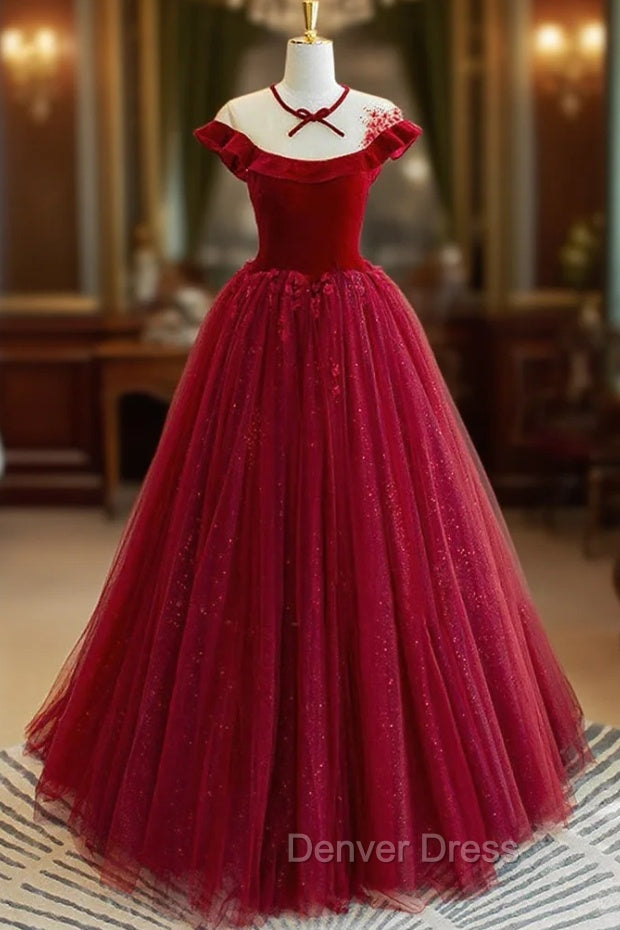 Burgundy Velvet Long A-Line Prom Dresses, Burgundy Formal Evening Dresses Main image