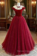 Burgundy Velvet Long A-Line Prom Dresses, Burgundy Formal Evening Dresses