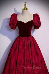 Burgundy Velvet Long A-Line Prom Dresses, Burgundy Short Sleeve Evening Dresses