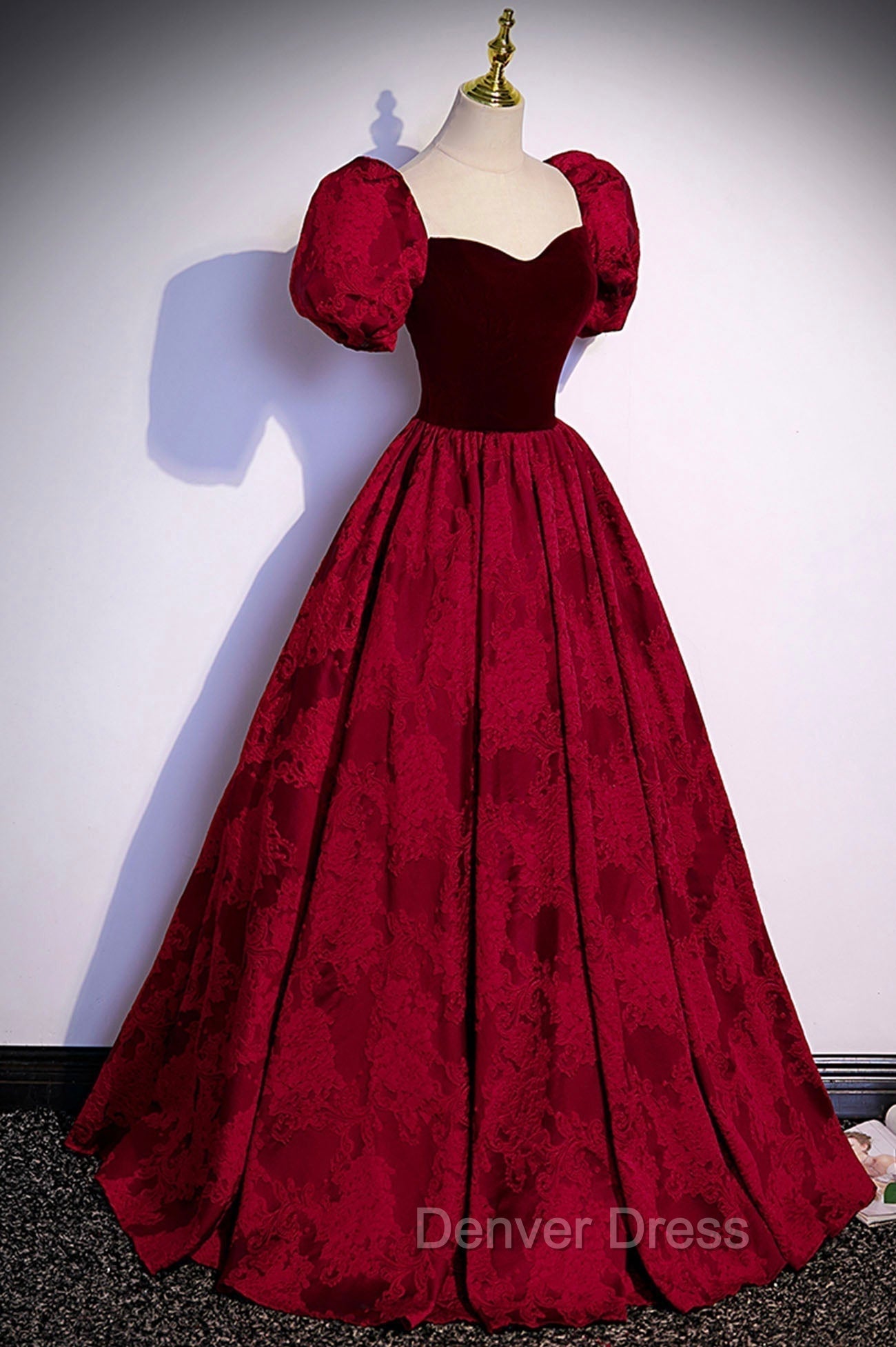 Burgundy Velvet Long A Line Prom Dress, Burgundy Short Sleeve Prom Dresses