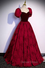 Burgundy Velvet Long A-Line Prom Dresses, Burgundy Short Sleeve Evening Dresses