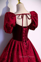 Burgundy Velvet Long A Line Prom Dress, Burgundy Short Sleeve Prom Dresses