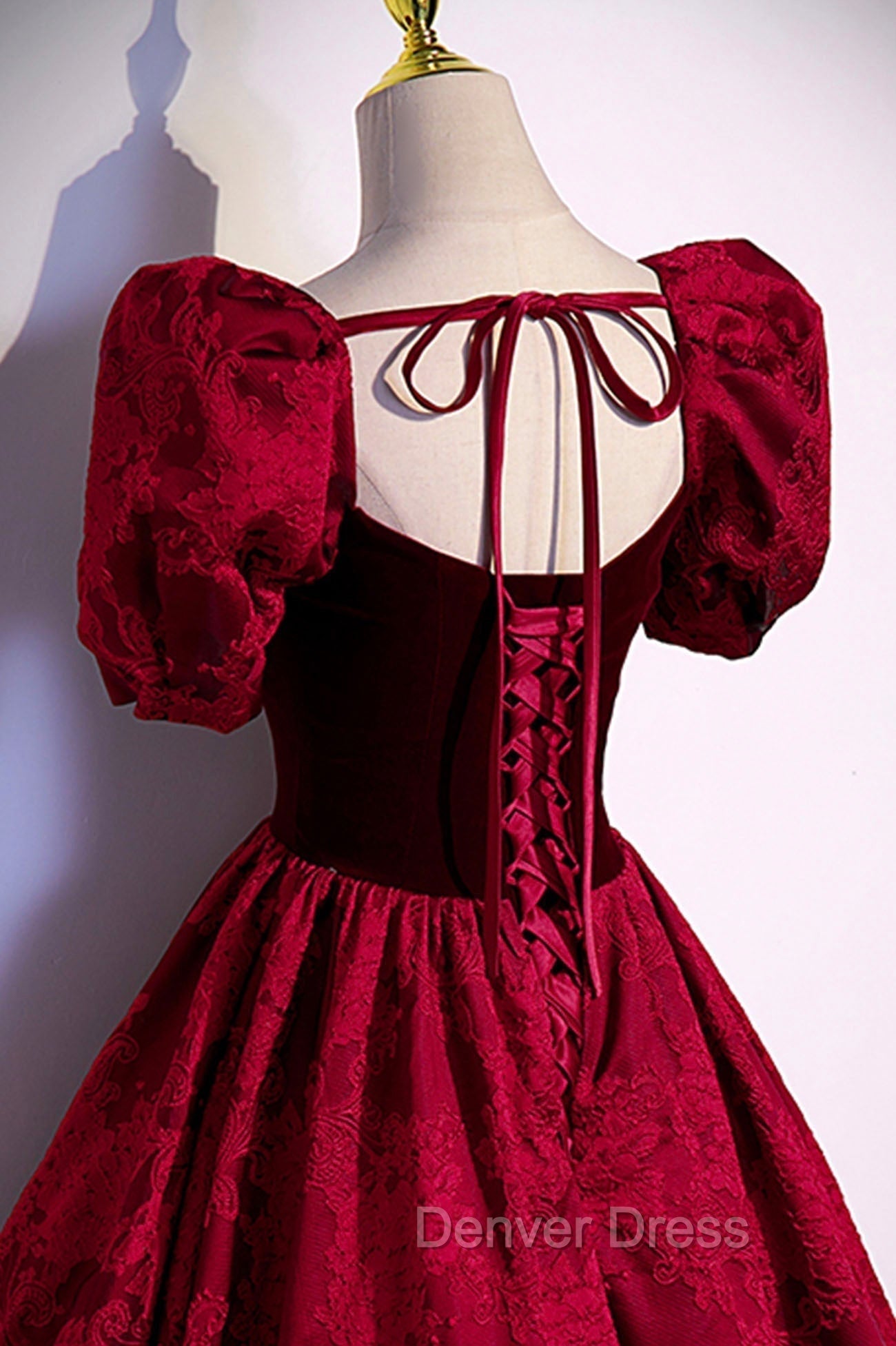 Burgundy Velvet Long A Line Prom Dress, Burgundy Short Sleeve Prom Dresses