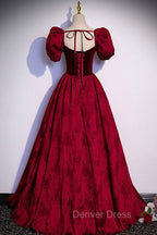 Burgundy Velvet Long A Line Prom Dress, Burgundy Short Sleeve Prom Dresses
