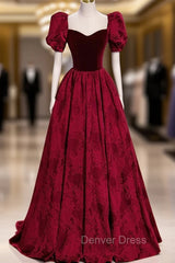 Burgundy Velvet Long A-Line Prom Dresses, Burgundy Short Sleeve Evening Dresses