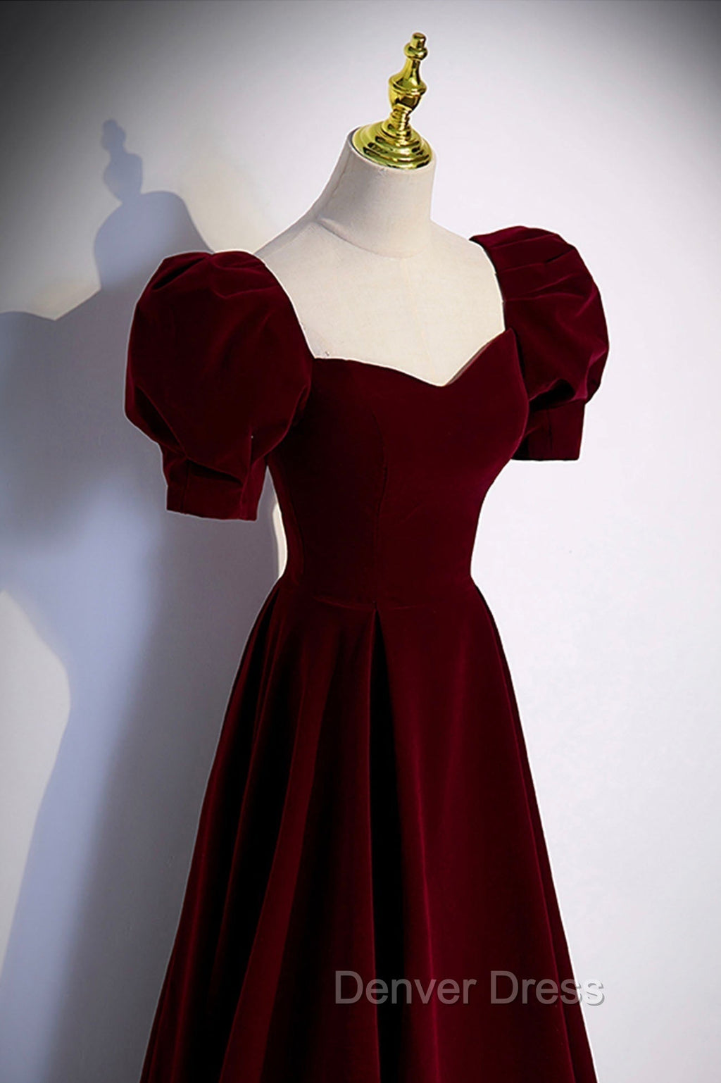 Burgundy Velvet Long A Line Prom Dress, Simple Short Sleeve Prom Dresses