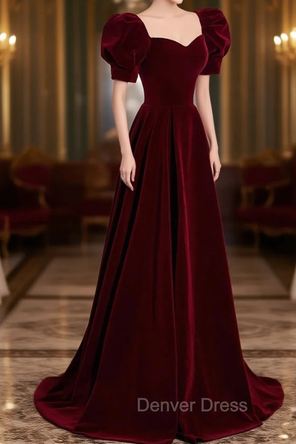 Burgundy Velvet Long A-Line Prom Dresses, Simple Short Sleeve Party Dresses