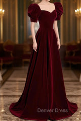 Burgundy Velvet Long A-Line Prom Dresses, Simple Short Sleeve Party Dresses