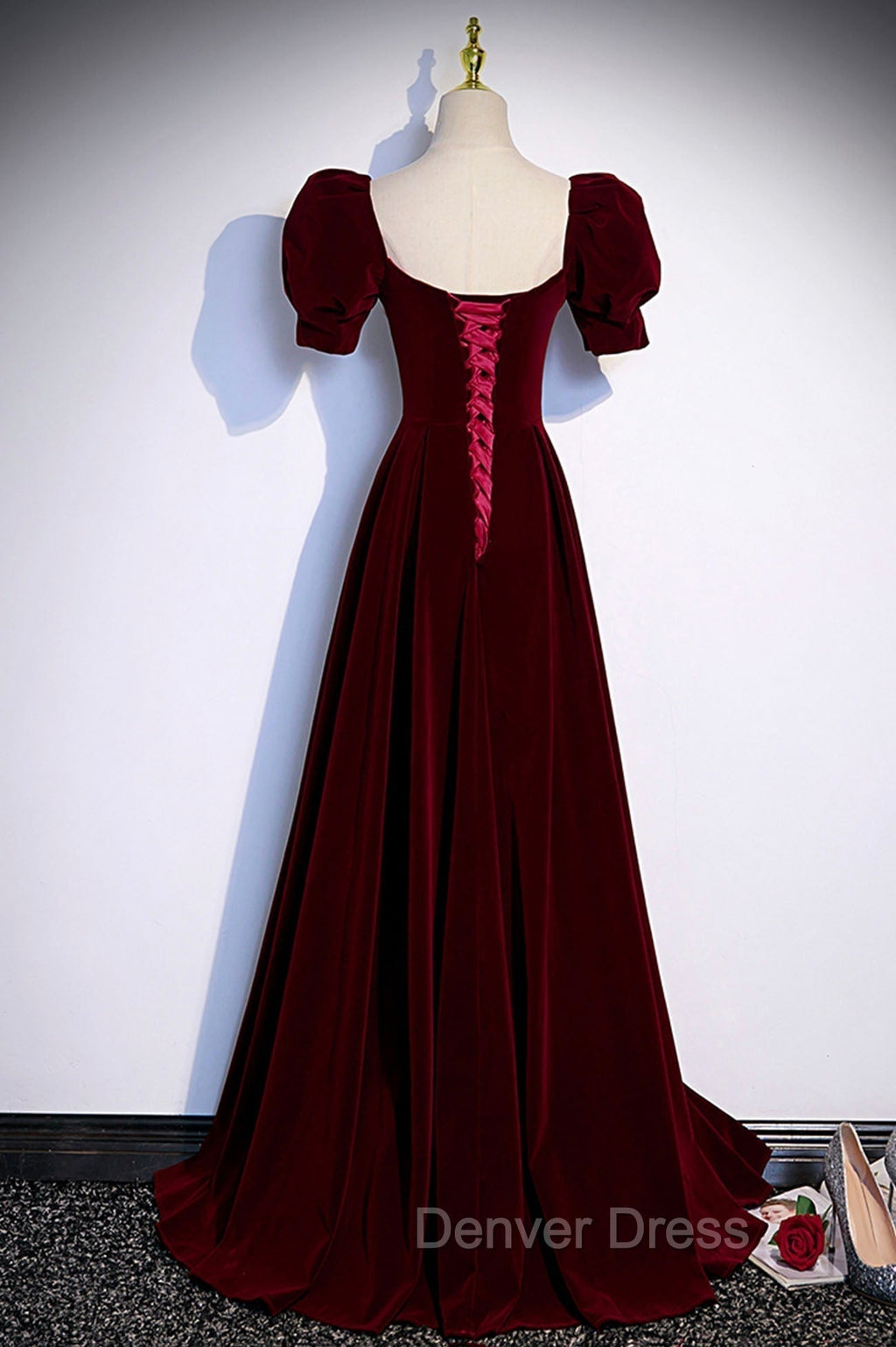 Burgundy Velvet Long A Line Prom Dress, Simple Short Sleeve Prom Dresses