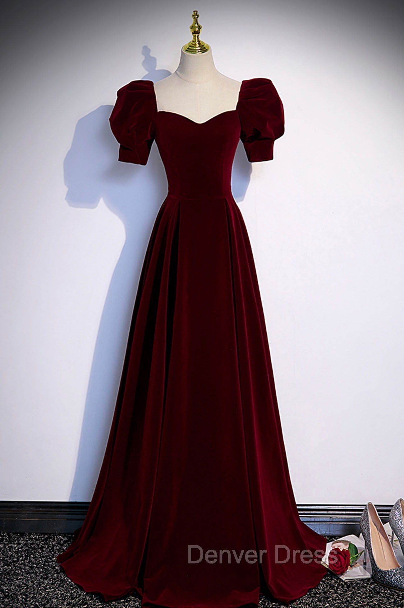 Burgundy Velvet Long A-Line Prom Dresses, Simple Short Sleeve Party Dresses Main image