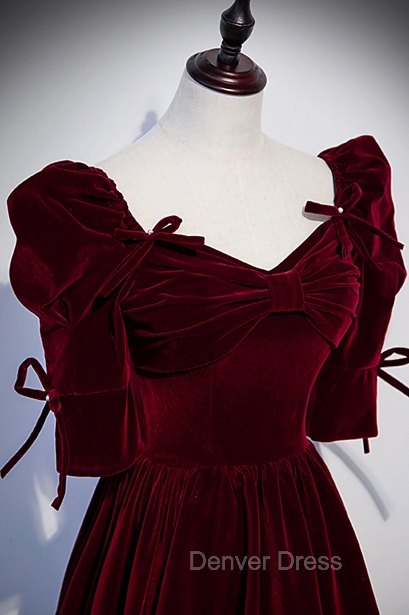 Burgundy Velvet Long Evening Party Dresses, A-Line Short Sleeve Prom Dresses Secondary image