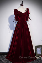 Burgundy Velvet Long Evening Party Dresses, A-Line Short Sleeve Prom Dresses