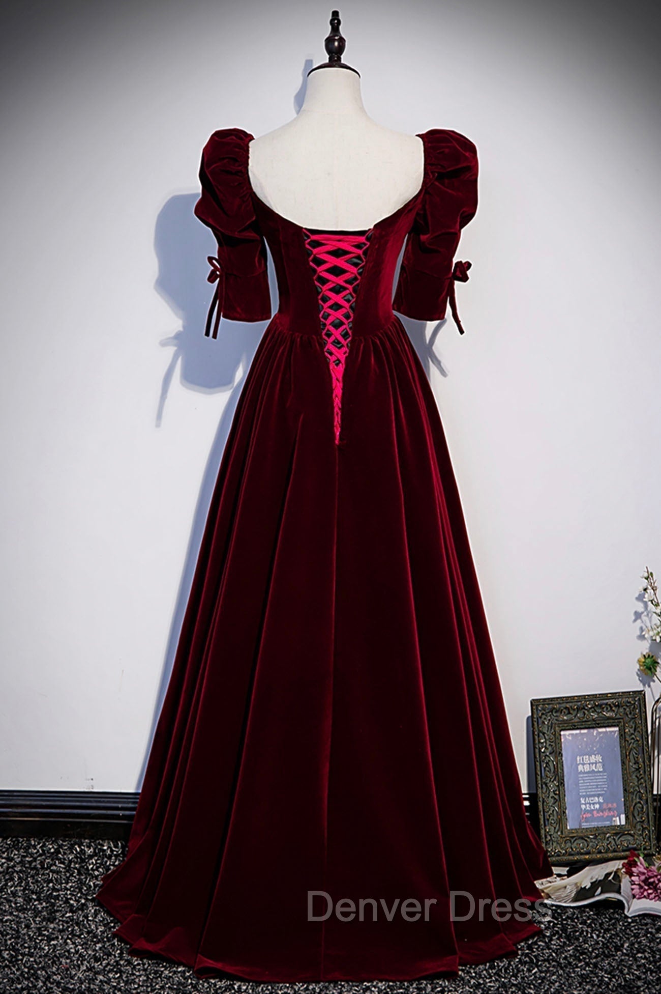 Burgundy Velvet Long Evening Party Dresses, A-Line Short Sleeve Prom Dresses