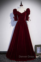 Burgundy Velvet Long Evening Party Dresses, A-Line Short Sleeve Prom Dresses