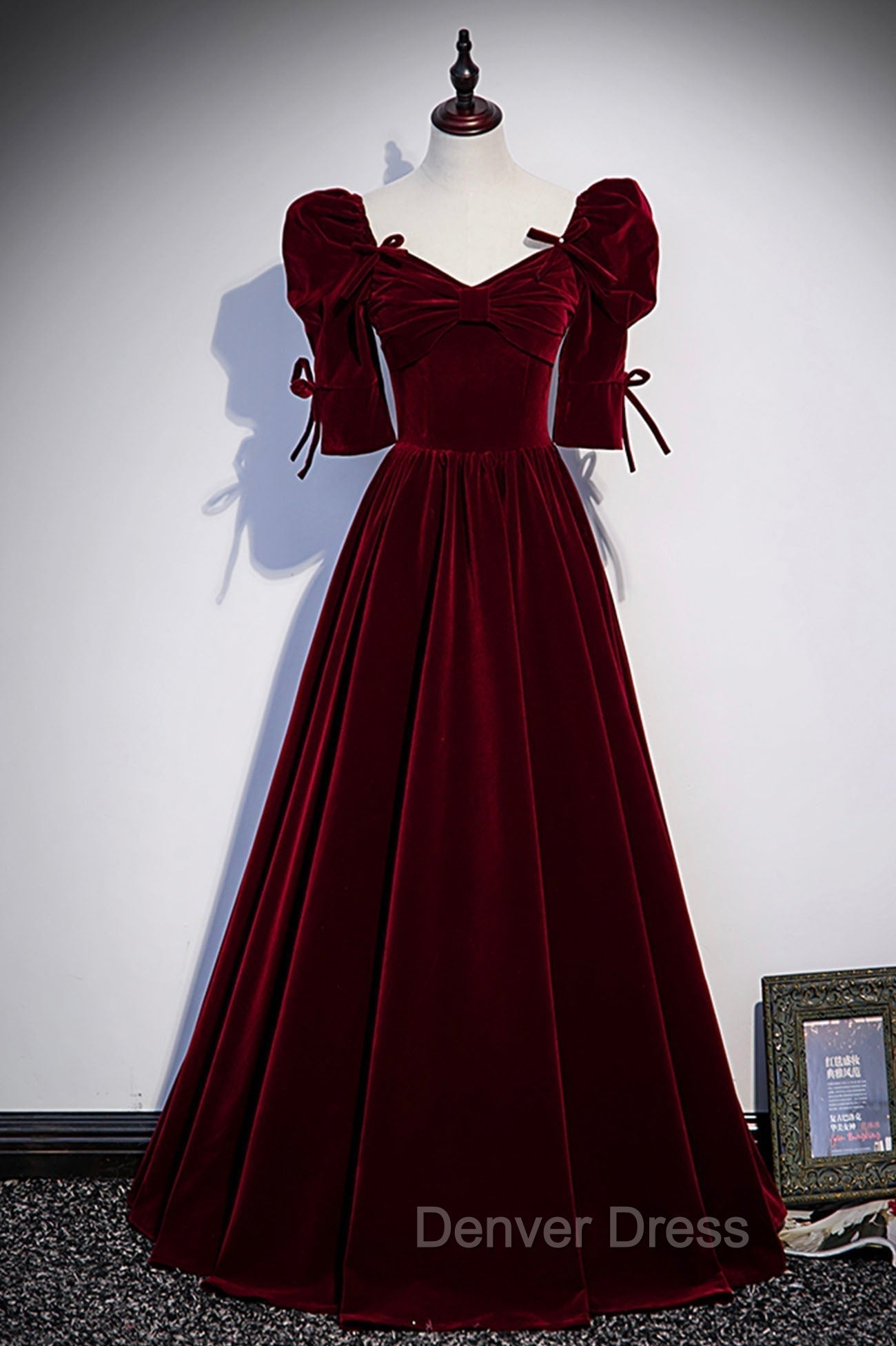 Burgundy Velvet Long Evening Party Dresses, A-Line Short Sleeve Prom Dresses