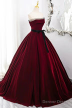 Burgundy Velvet Long Prom Dress, Off The Shoulder Prom Dresses