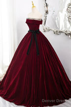 Burgundy Velvet Long Prom Dress, Off The Shoulder Prom Dresses