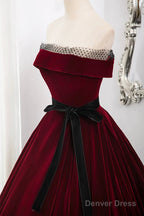 Burgundy Velvet Long Prom Dress, Off The Shoulder Prom Dresses