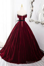 Burgundy Velvet Long Prom Dress, Off The Shoulder Prom Dresses