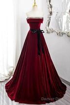 Burgundy Velvet Long Prom Dress, Off The Shoulder Prom Dresses