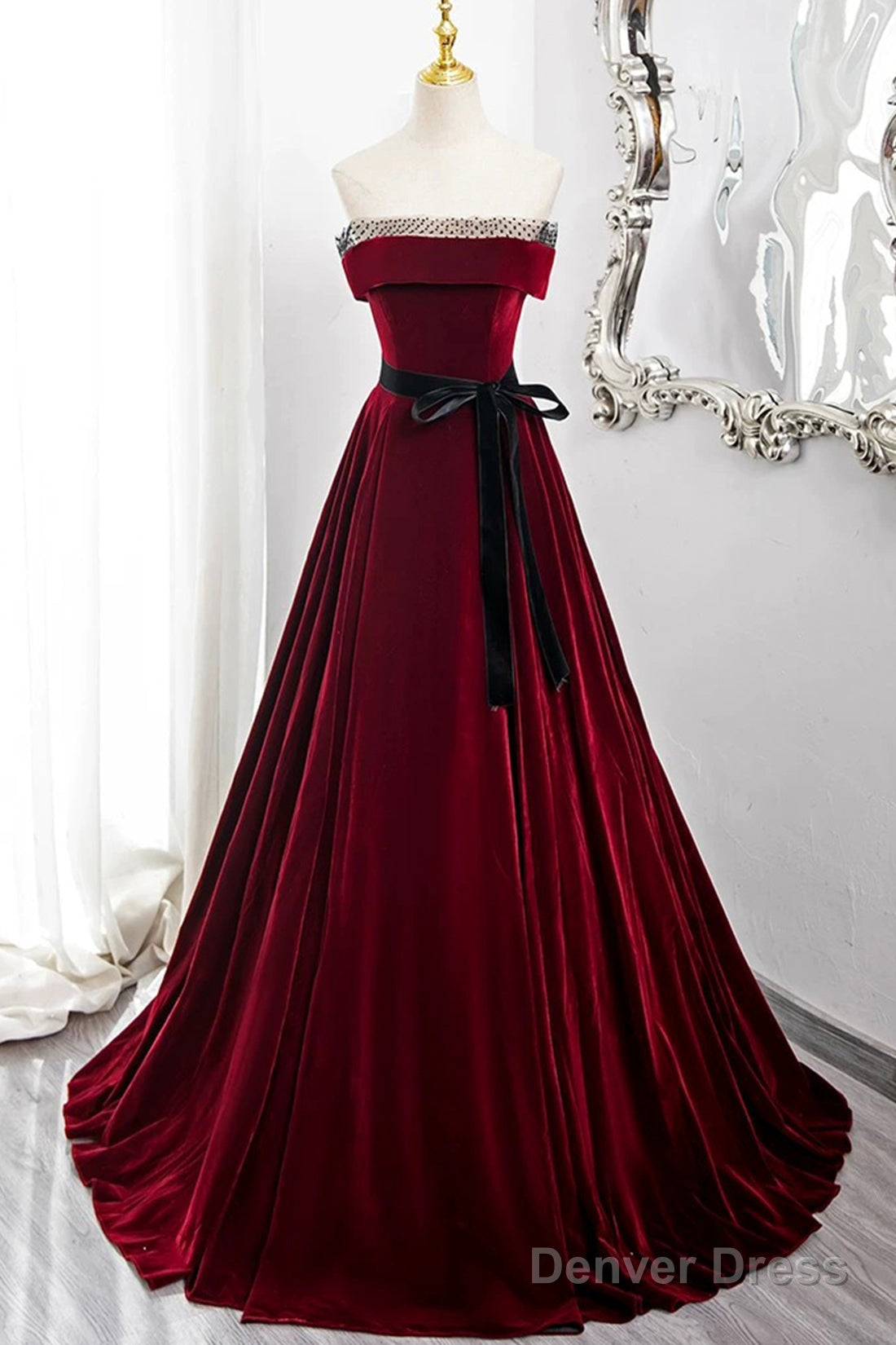 Burgundy Velvet Long Prom Dress, Off The Shoulder Prom Dresses