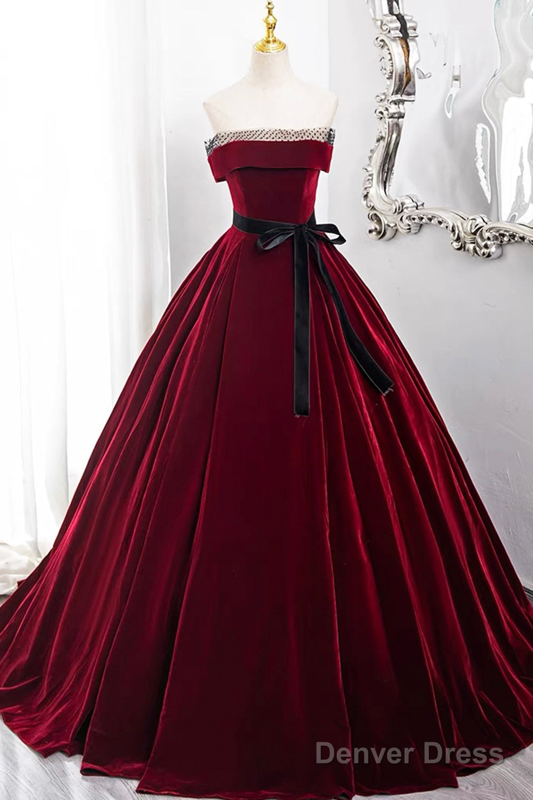 Burgundy Velvet Long Prom Dress, Off The Shoulder Prom Dresses Main image