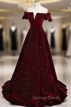 Burgundy Velvet Long Prom Dress, A Line Off the Shoulder Prom Dresses