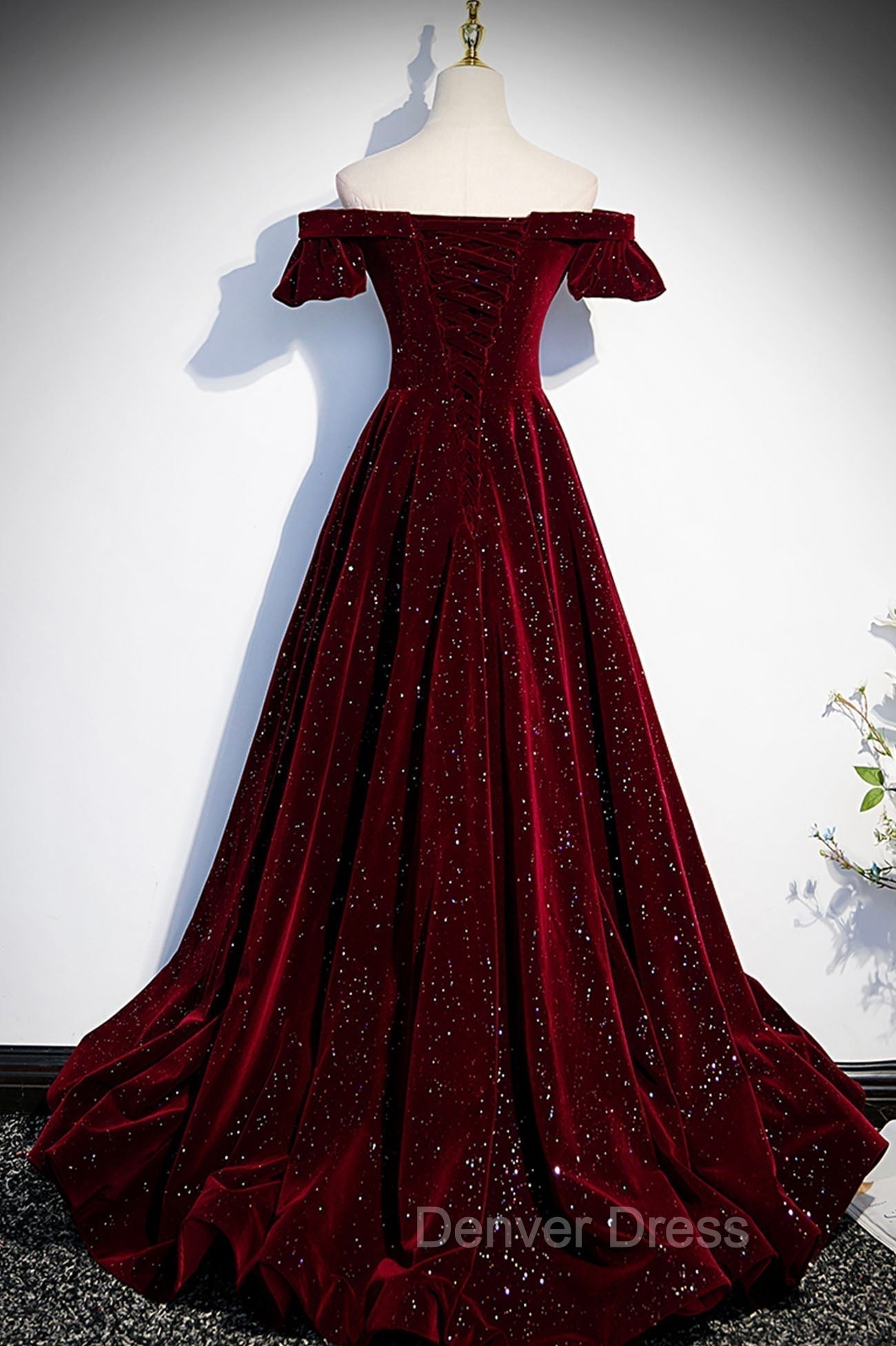 Burgundy Velvet Long Prom Dress, A Line Off the Shoulder Prom Dresses