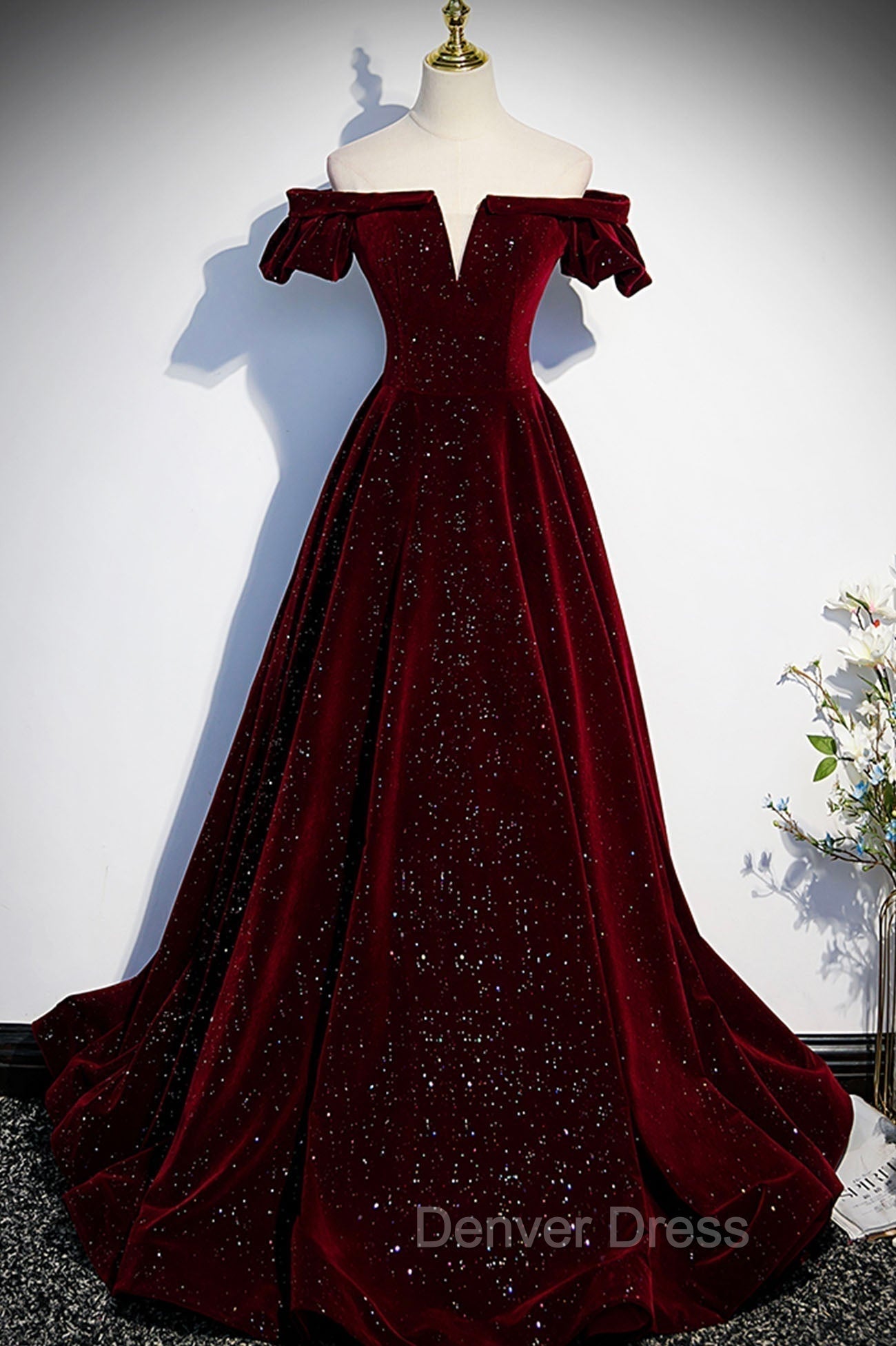 Burgundy Velvet Long Prom Dress, A Line Off the Shoulder Prom Dresses