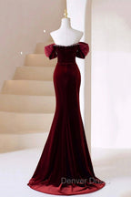 Burgundy Velvet Long Prom Dress, Burgundy Off Shoulder Pearl Prom Dresses