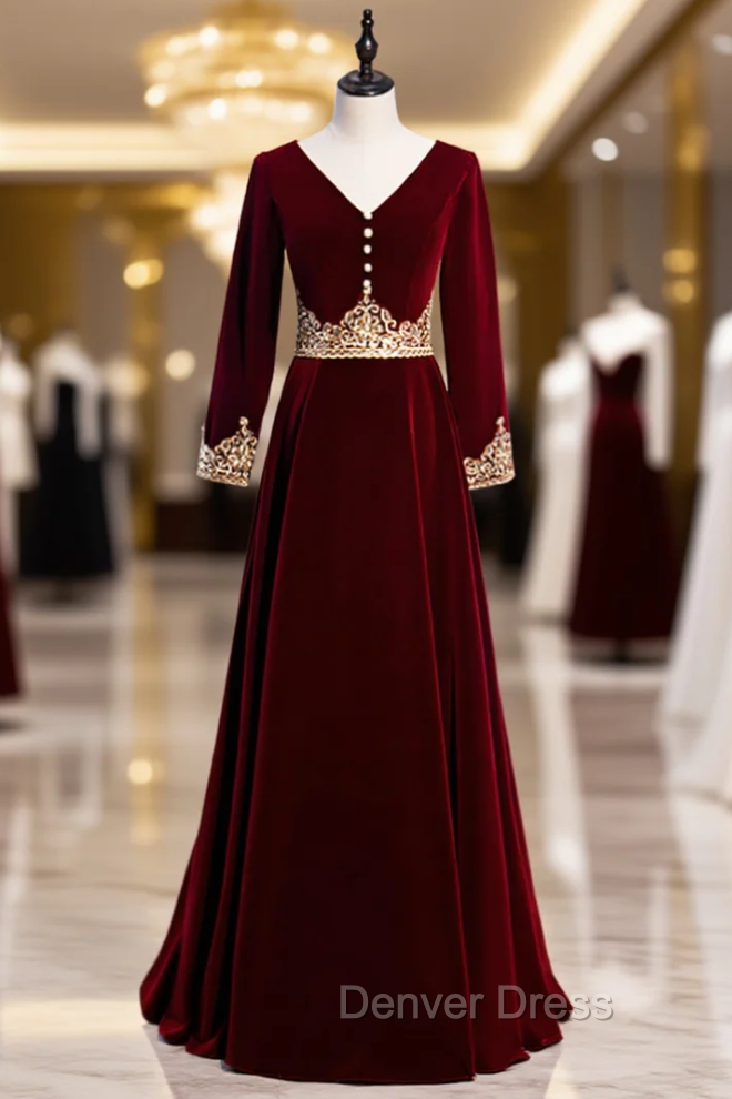 Burgundy Velvet Long Sleeve Appliques V-neck Prom Dresses Main image