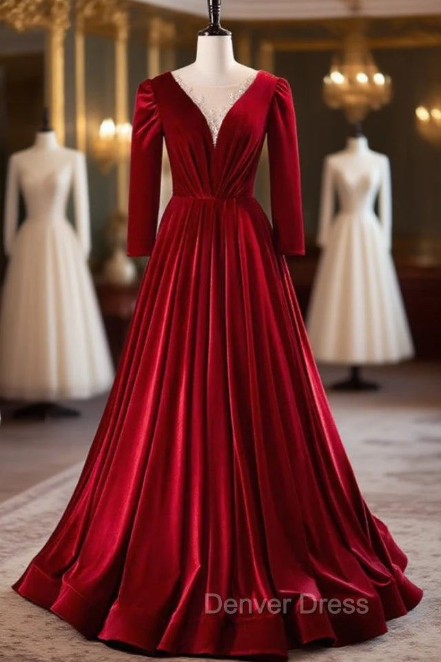 Burgundy Velvet Long Sleeve Beading Prom Dresses