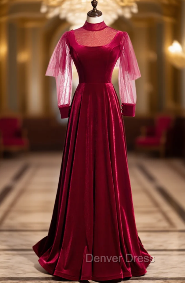 Burgundy Velvet Long Sleeve High Neck Backless Prom Dresses