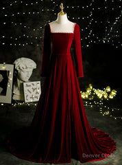Burgundy Velvet Long Sleeve Pearls Prom Dress
