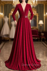 Burgundy Velvet Long Sleeve Pleats Prom Dresses
