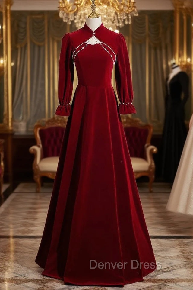 Burgundy Velvet Long Sleeve Prom Dresses Main image