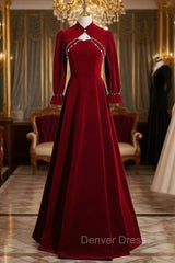 Burgundy Velvet Long Sleeve Prom Dresses