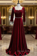 Burgundy Velvet Long Sleeve Square Beading Prom Dresses
