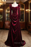 Burgundy Velvet Long Sleeve Square Neck Pleats Prom Dresses