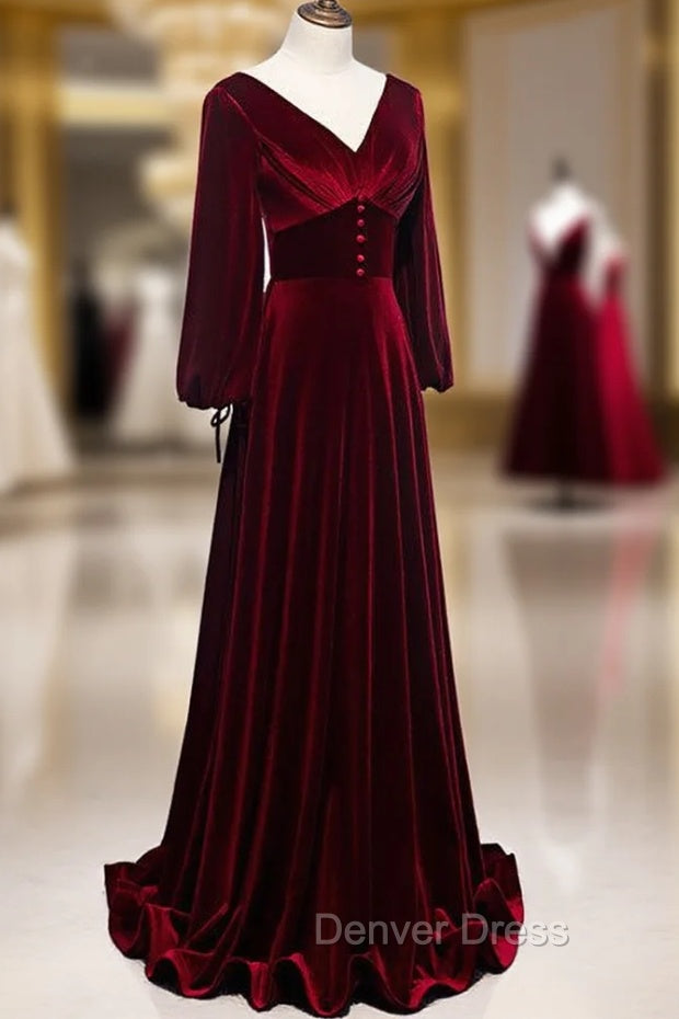 Burgundy Velvet Long Sleeves A Line Prom Dress, Long Simple Bridesmaid Dresses Secondary image
