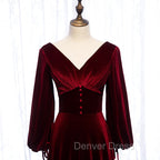 Burgundy Velvet Long Sleeves A Line Prom Dress, Long Simple Bridesmaid Dresses
