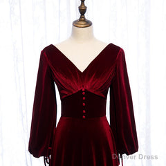 Burgundy Velvet Long Sleeves A-line Prom Dress, Long Simple Bridesmaid Dresses