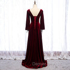 Burgundy Velvet Long Sleeves A Line Prom Dress, Long Simple Bridesmaid Dresses
