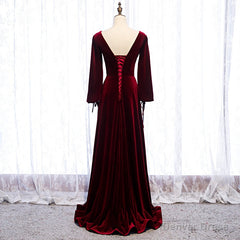 Burgundy Velvet Long Sleeves A-line Prom Dress, Long Simple Bridesmaid Dresses