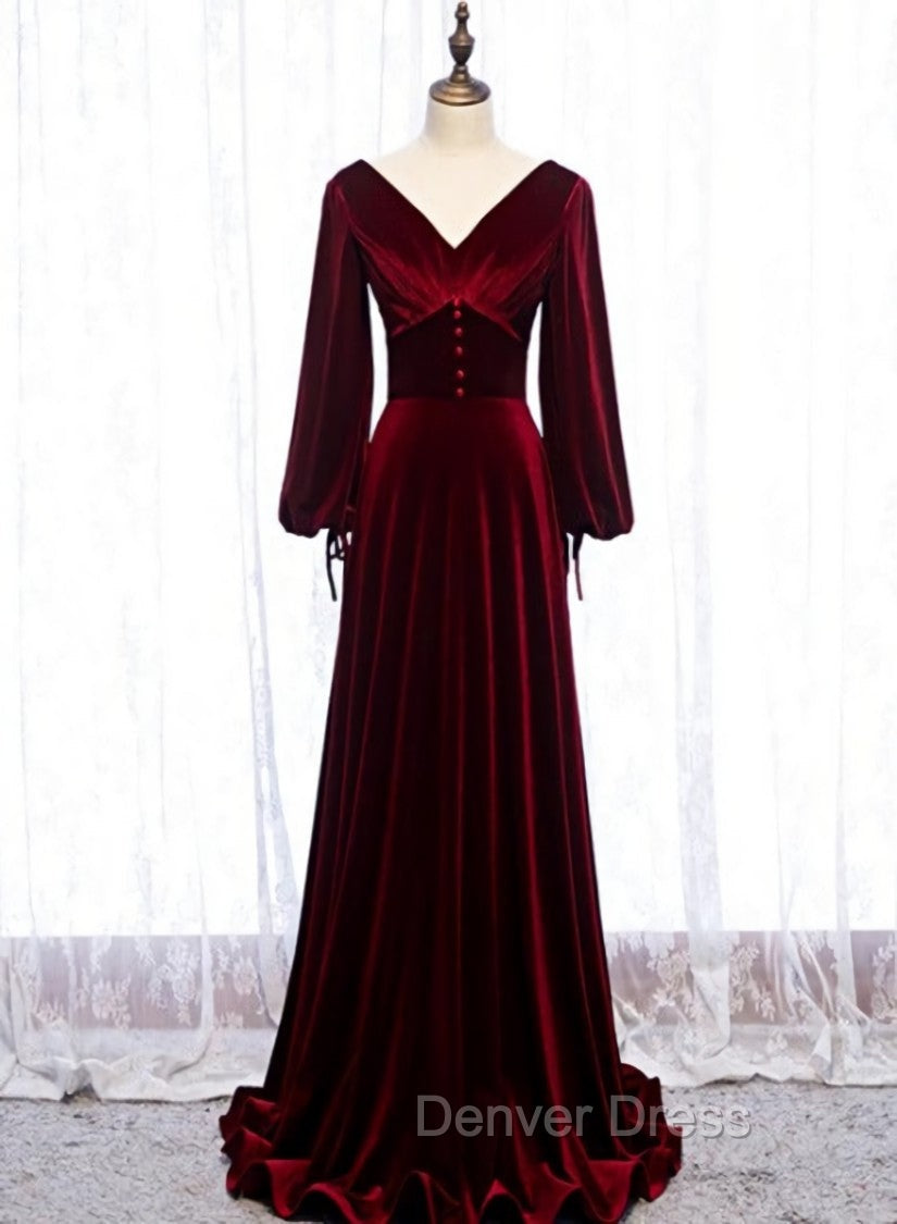 Burgundy Velvet Long Sleeves A Line Prom Dress, Long Simple Bridesmaid Dresses
