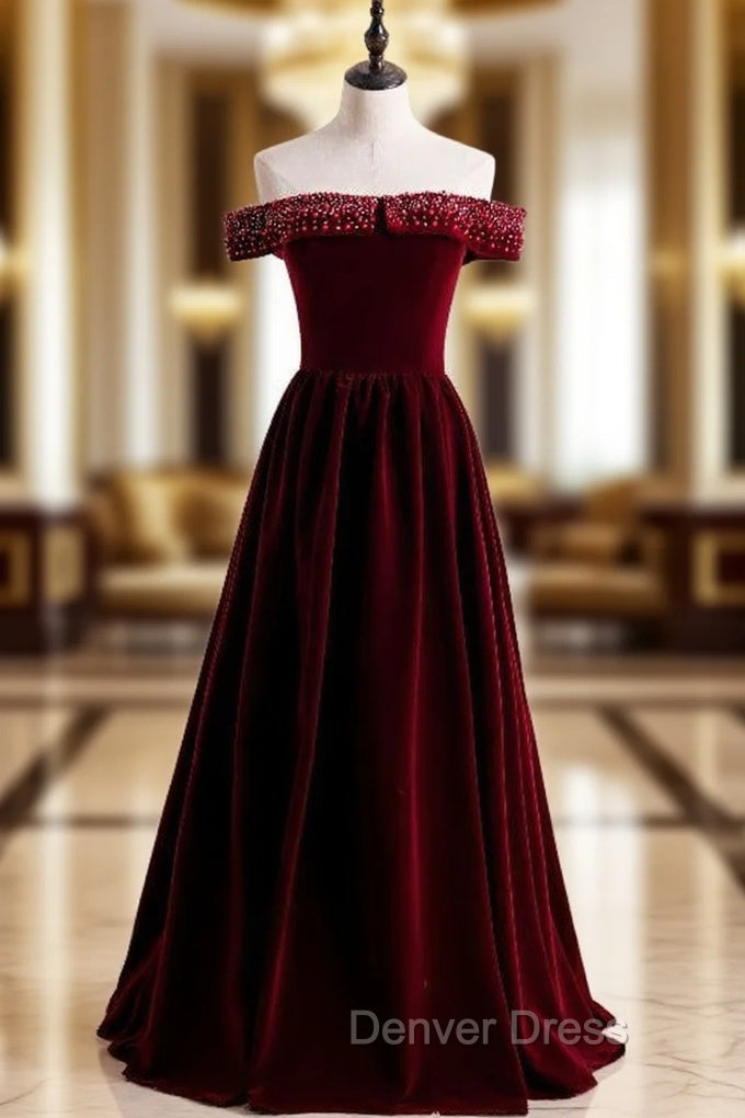 Burgundy Velvet Off the Shoulder Beading Prom Dresses