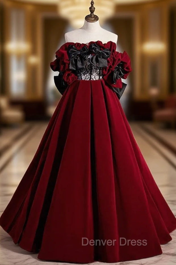Burgundy Velvet Off the Shoulder Black Bow Prom Dresses